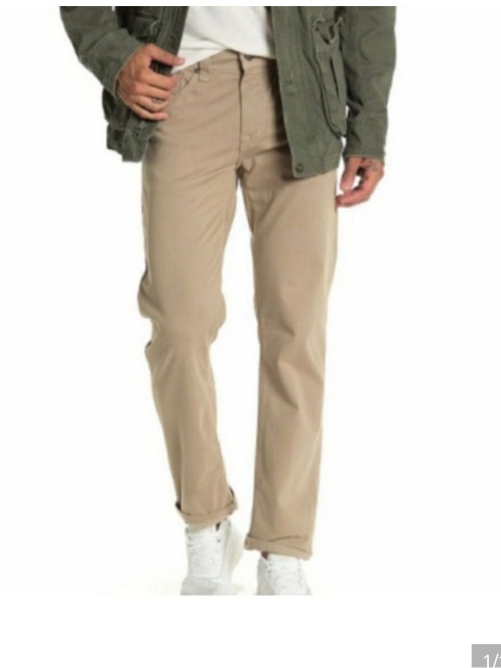 Fidelity Slim Jeans in Light Beige with Black Leather Patch EUC